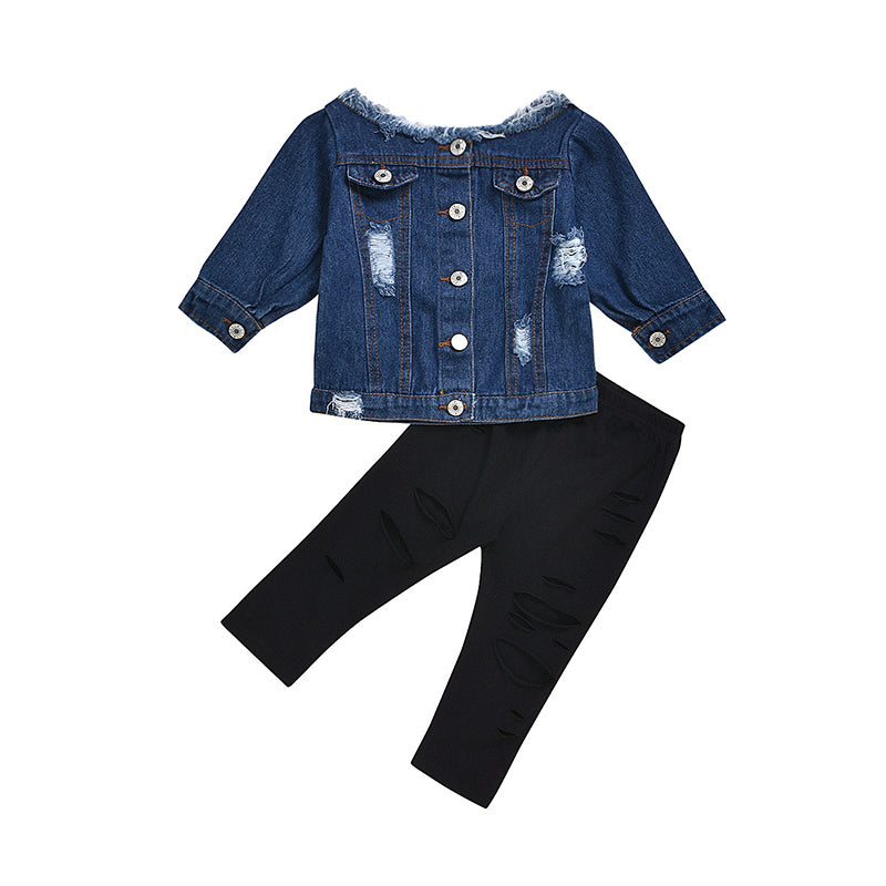 2 Pieces Kid Girl Off Shoulder Fringed Denim Top Matching Ripped Trousers Set Wholesale 68845677