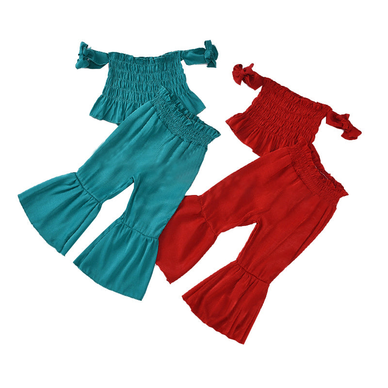 2 Pieces Set Baby Kid Girls Solid Color Muslin&Ribbed Tops And Pants Wholesale 29867435