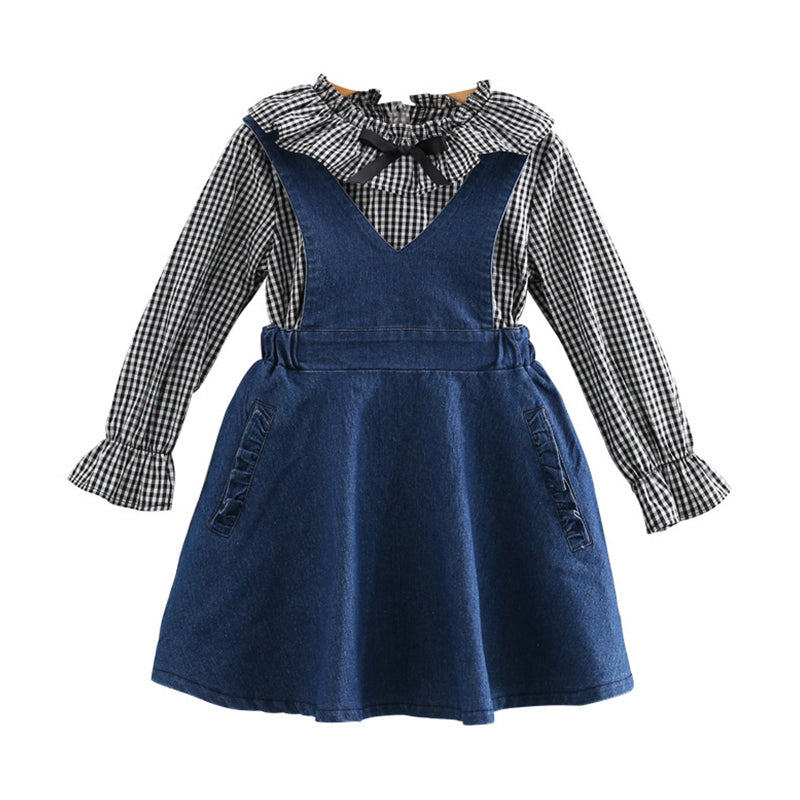 2 Pieces Kid Girl Outfit Plaid Shirt Matching Denim Tank Dress Wholesale 95865964