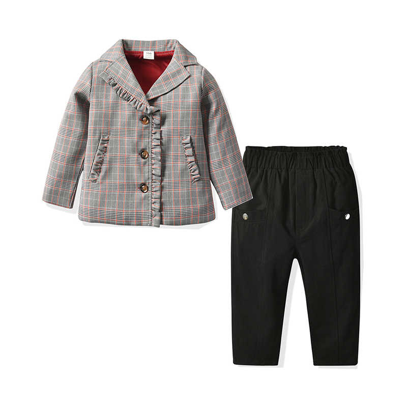 2 Pieces Kid Girl Outfit Ruffle Trim Plaid Jacket With Pants Wholesale 39596929