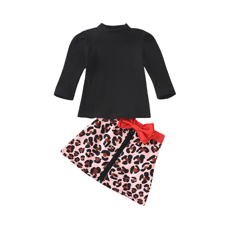 2 Pieces Set Baby Kid Girls Solid Color Muslin&Ribbed Tops Leopard And Bow Skirts Wholesale 60637411