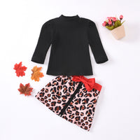 Load image into Gallery viewer, 2 Pieces Set Baby Kid Girls Solid Color Muslin&amp;Ribbed Tops Leopard And Bow Skirts Wholesale 60637411
