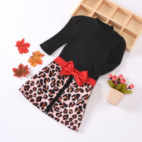 Load image into Gallery viewer, 2 Pieces Set Baby Kid Girls Solid Color Muslin&amp;Ribbed Tops Leopard And Bow Skirts Wholesale 60637411
