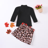 Load image into Gallery viewer, 2 Pieces Set Baby Kid Girls Solid Color Muslin&amp;Ribbed Tops Leopard And Bow Skirts Wholesale 60637411
