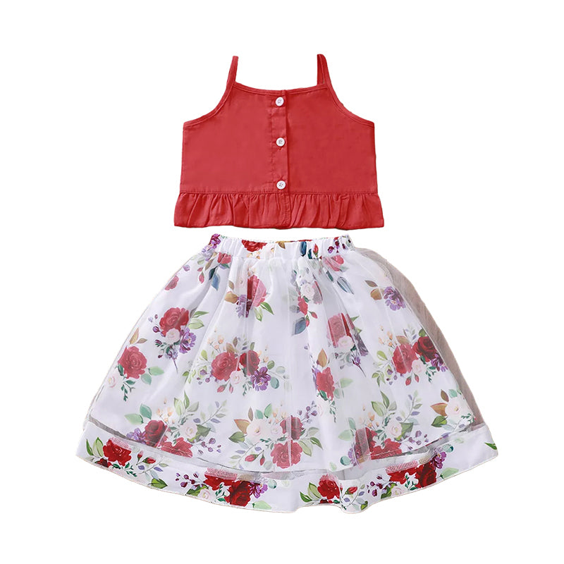 2 Pieces Set Baby Kid Girls Solid Color Print Tank Tops  And Flower Fruit Skirts Wholesale 61194859