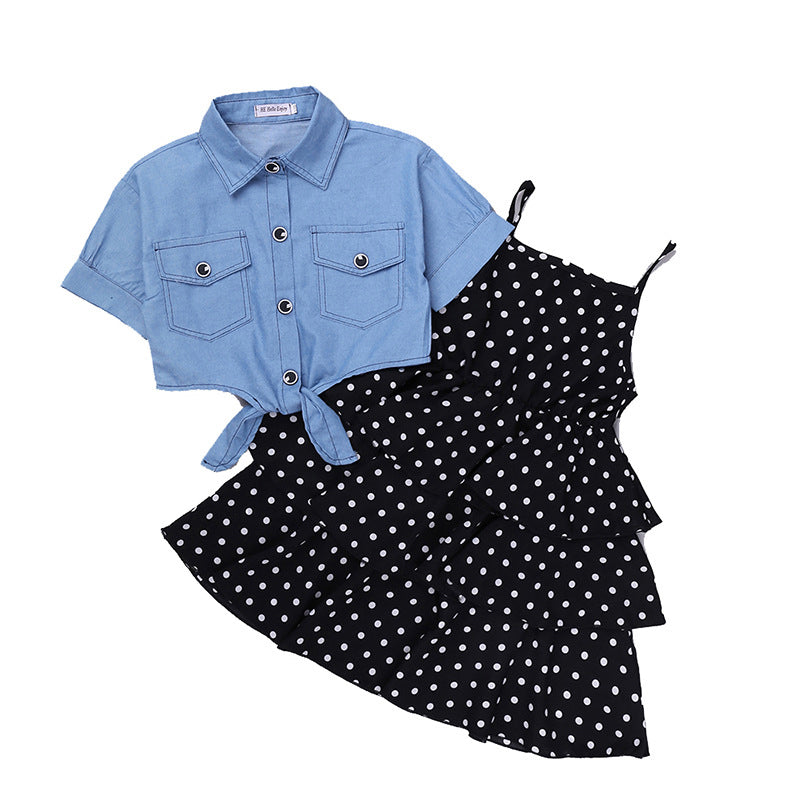 2 Pieces Kid Girl Polka Dots Layered Cami Dress With Denim Shirt Wholesale 39446434