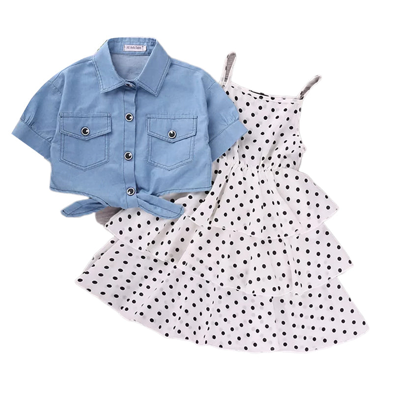 2 Pieces Kid Girl Polka Dots Layered Cami Dress With Denim Shirt Wholesale 39446434