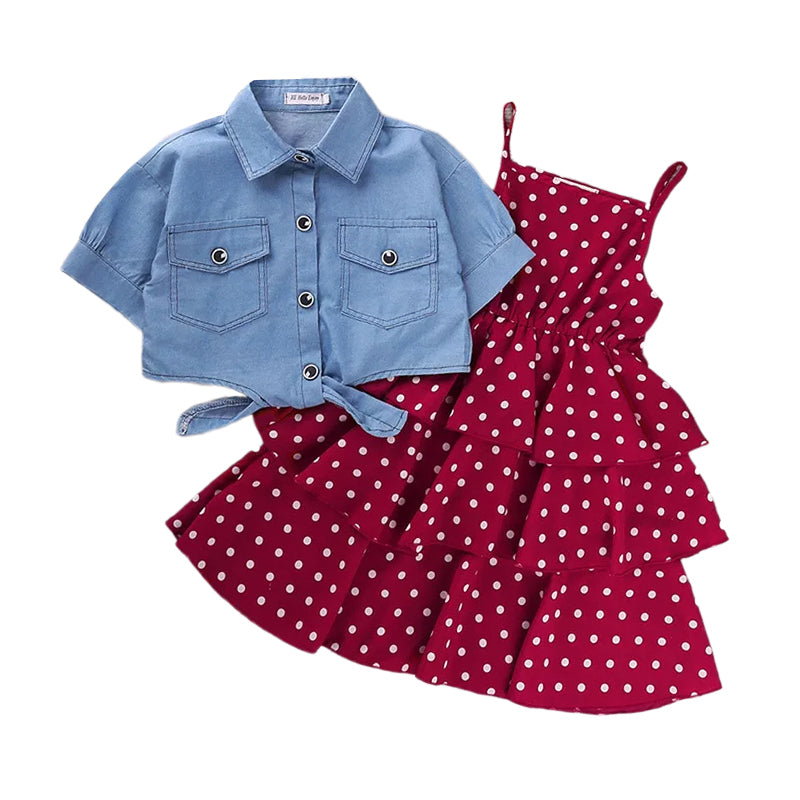 2 Pieces Kid Girl Polka Dots Layered Cami Dress With Denim Shirt Wholesale 39446434