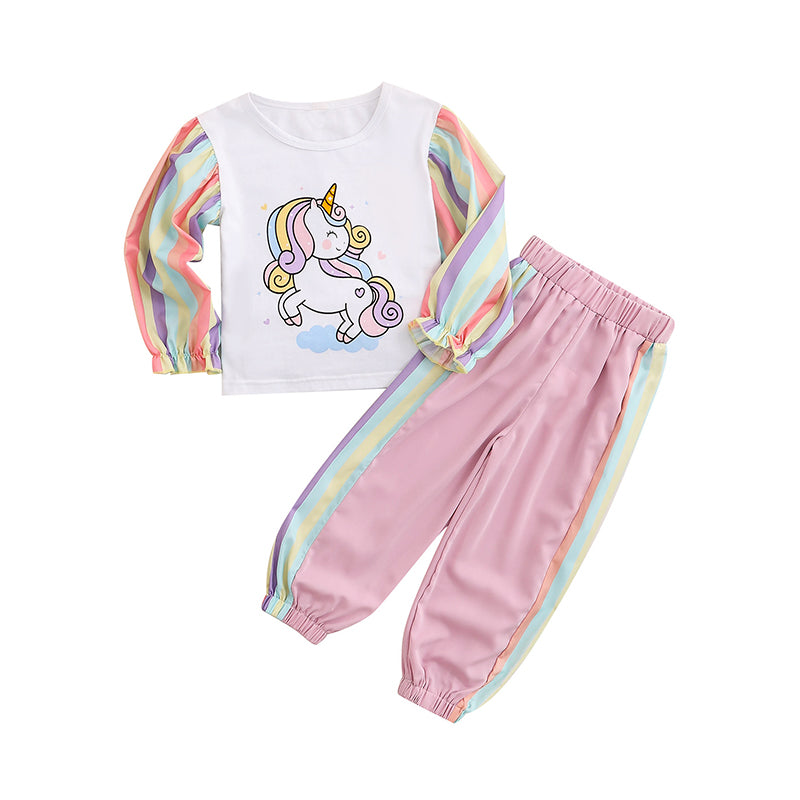 2 Pieces Set Baby Kid Girls Striped Color-blocking Love heart Cartoon Unicorn Print T-Shirts And Pants Wholesale 10207096