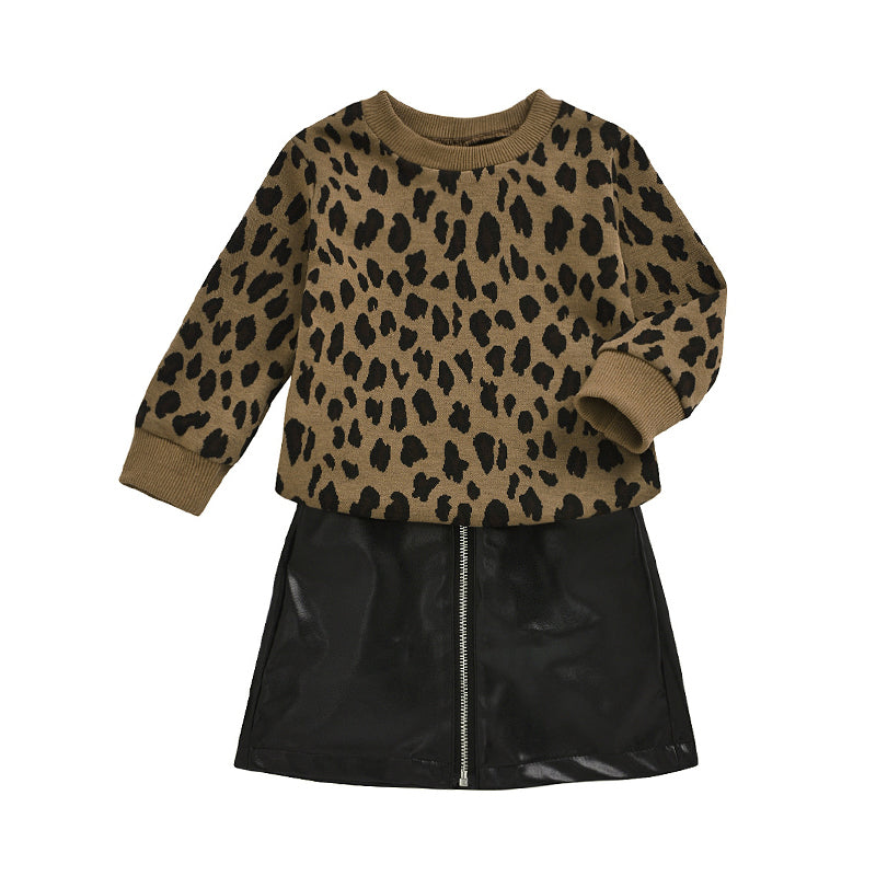 2 Pieces Set Baby Kid Girls Leopard Sweaters And Solid Color Skirts Wholesale 84237499