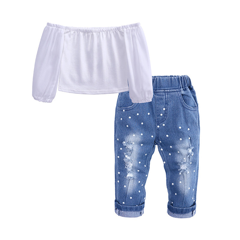 2 Pieces Set Baby Kid Girls Solid Color Tops And Ripped Beaded Jeans Wholesale 46796488