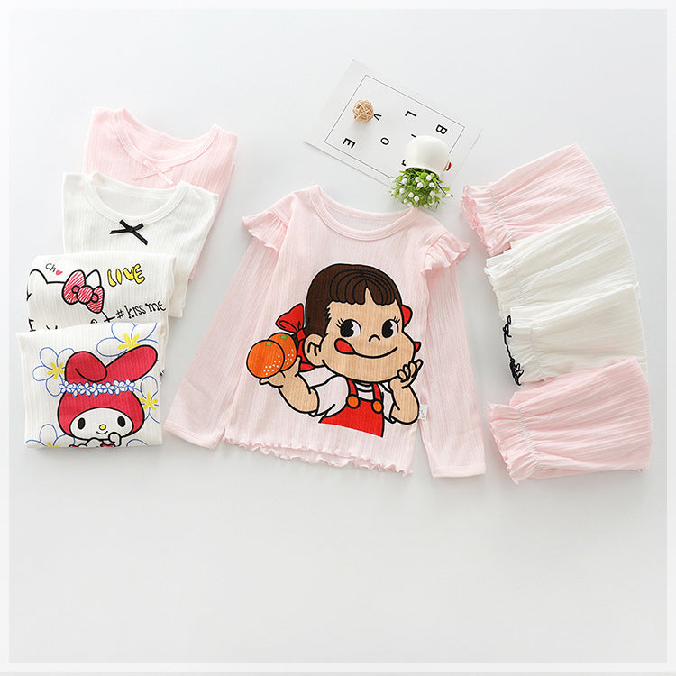 2 Pieces Set Baby Kid Girls Letters Cartoon Muslin&Ribbed Tops Solid Color And Bow Pants Wholesale 45176343