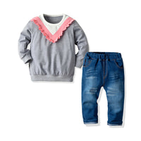 Load image into Gallery viewer, 2 Pieces Kid Girl Stripe Top Matching Denim Pants Outfit Wholesale 20194433
