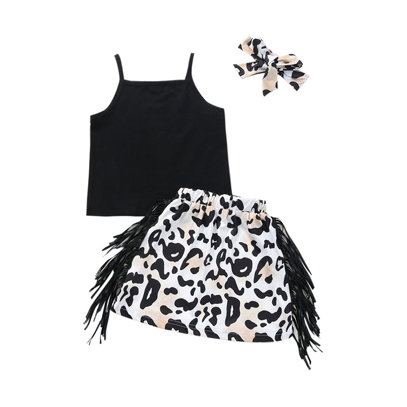 2 Pieces Little Big Girl Ribbed Cami Top And Leopard Fringed Skirt Outfit Wholesale 10412395