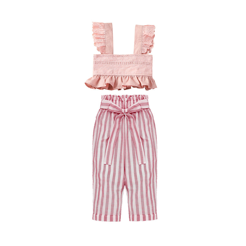 2 Pieces Little Girl Flounce Hem Cami Top And Stripe Belted Trousers Set Wholesale 77312352