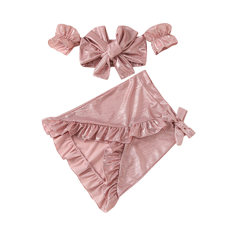 2 Pieces Little Girl Knot Tie Off Shoulder Top & Ruffled Detail Hi-lo Hem Skirt Set Wholesale 58972714