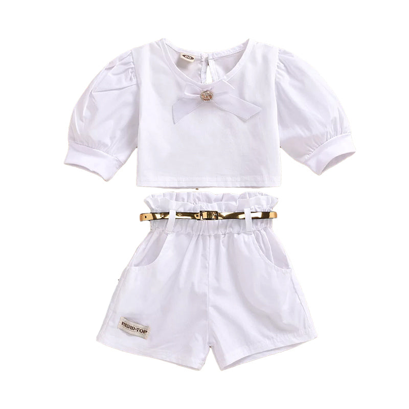 2 Pieces Little Girl Puff Sleeve Blouse Matching Belted Shorts Set Wholesale 87584812