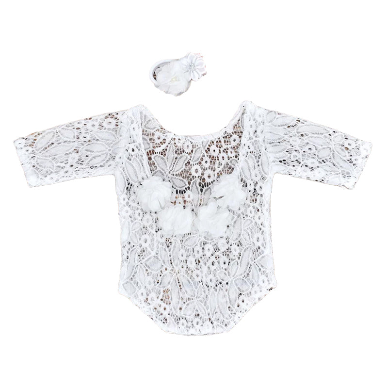 2 Pieces Newborn Photography Flower Decor Lace Bodysuit With Headband Wholesale 69142332