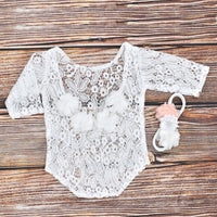 Load image into Gallery viewer, 2 Pieces Newborn Photography Flower Decor Lace Bodysuit With Headband Wholesale 69142332
