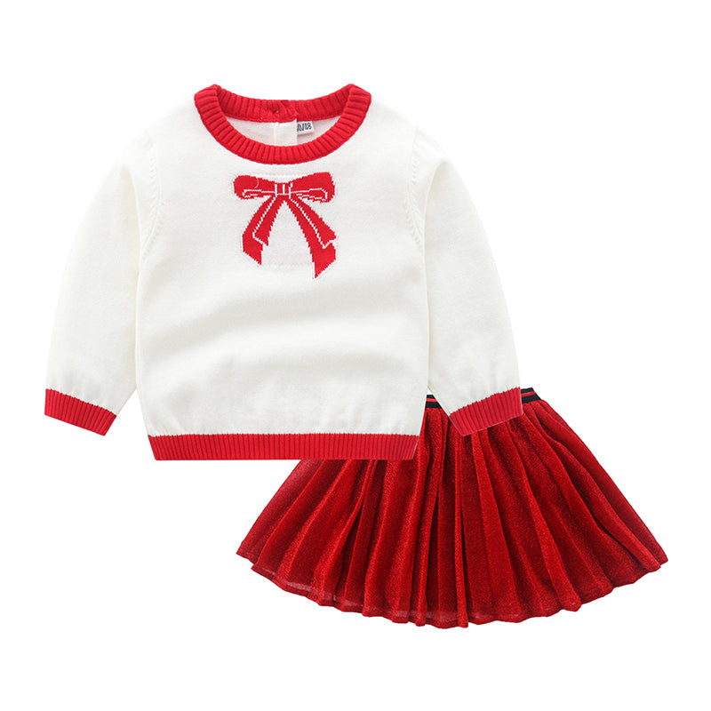 2 Pieces Toddler Girl Bowknot Knit Sweater Matching Pleated Skirt Set  Wholesale 74505610