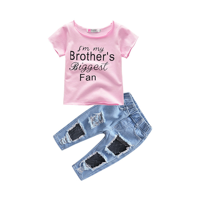 2 Pieces Toddler Girl  I'm My Brother's Biggest Fan  Set Top With Jeans Wholesale 71132372