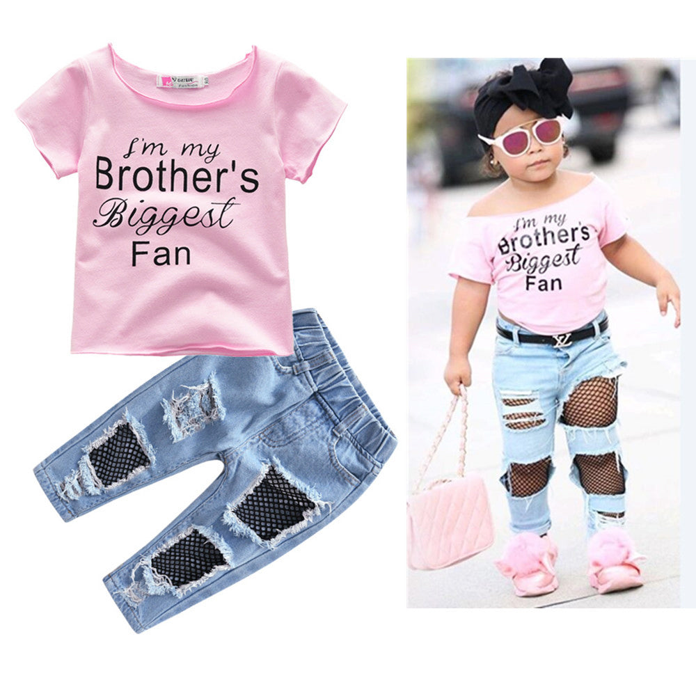 2 Pieces Toddler Girl  I'm My Brother's Biggest Fan  Set Top With Jeans Wholesale 71132372