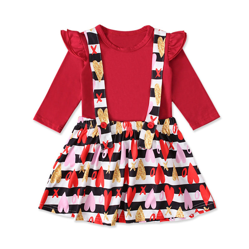 2 Pieces Toddler Kid Girl Red Top And Love Heart Striped Suspender Skirt Set Wholesale 85072455