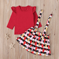 Load image into Gallery viewer, 2 Pieces Toddler Kid Girl Red Top And Love Heart Striped Suspender Skirt Set Wholesale 85072455
