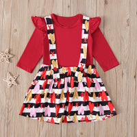 Load image into Gallery viewer, 2 Pieces Toddler Kid Girl Red Top And Love Heart Striped Suspender Skirt Set Wholesale 85072455
