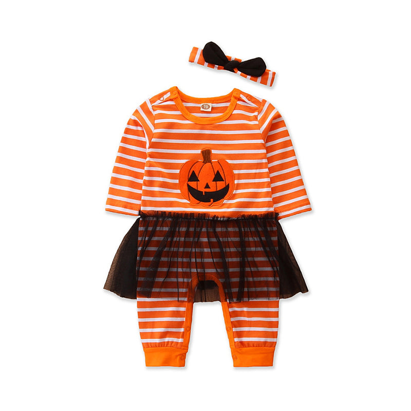 Baby Girls Striped Cartoon Bow Halloween Jumpsuits Headwear Wholesale 649110539