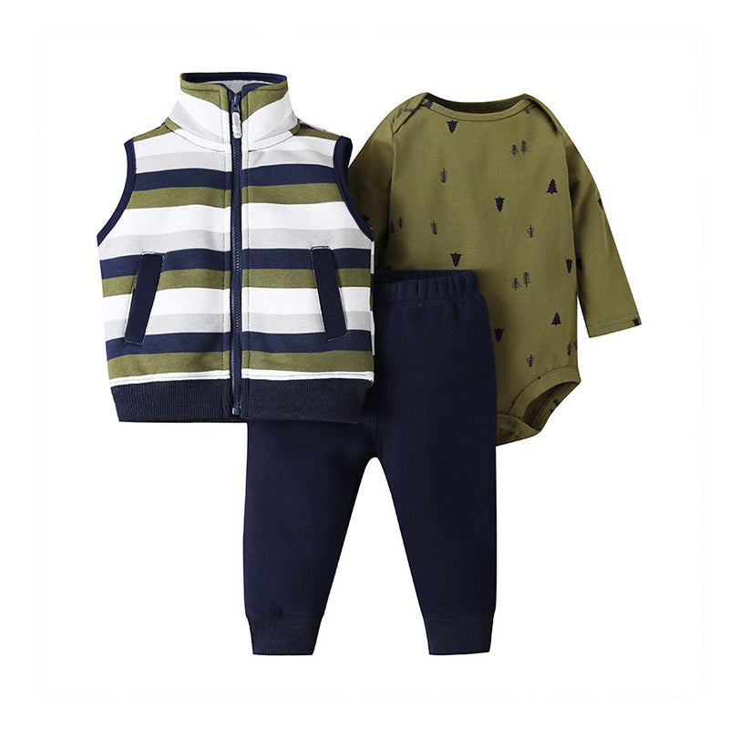 3-Piece Baby Boy Tree Bodysuit & Striped Vest & Pants Set Wholesale 70714288