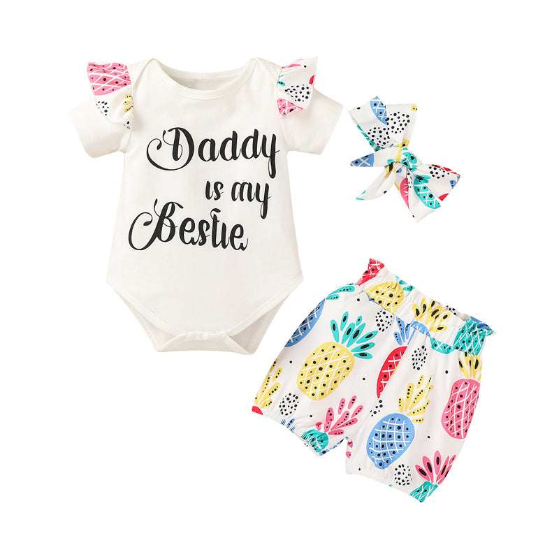 3-Piece Infant Girl Daddy Is My Bestie Set Bodysuit & Pineapple Print Shorts & Headband Wholesale 12302384