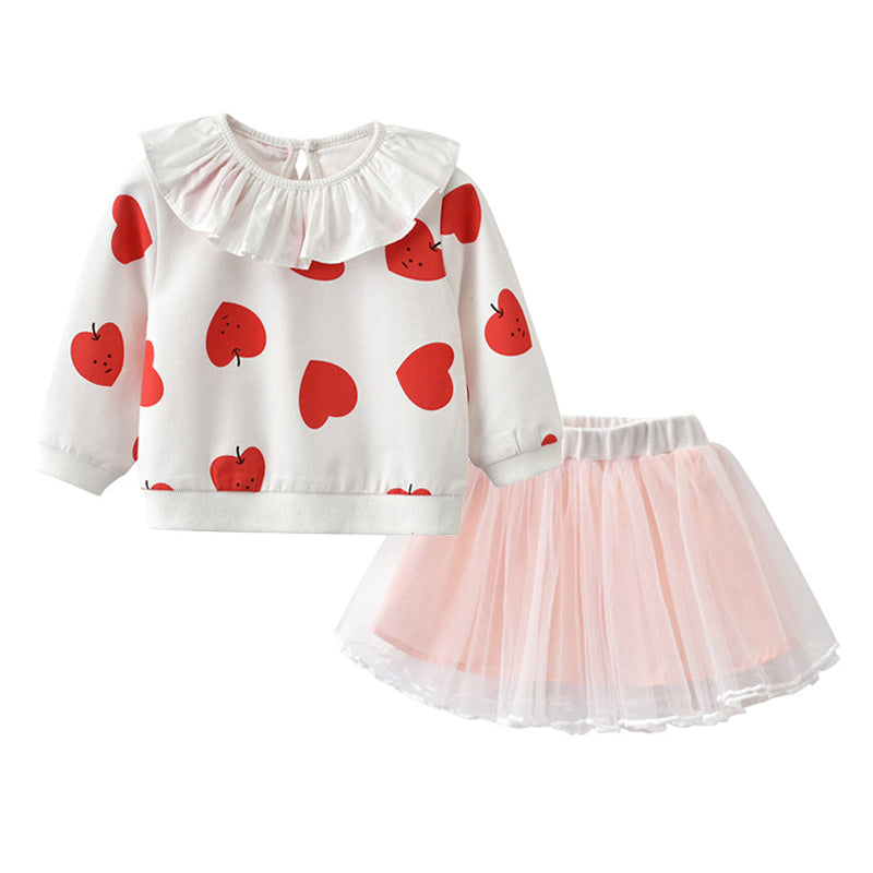 2 Pieces Set Baby Kid Girls Valentine's Day Love heart Expression Print Tops Lace Skirts Wholesale 32519611