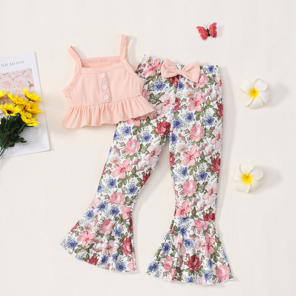 2 Pieces Set Baby Kid Girls Solid Color Tank Tops And Flower Pants Wholesale 220610413