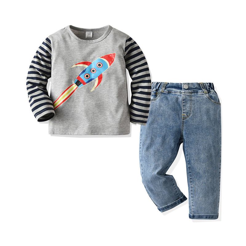 2 Pieces Set Kid Boys Striped Print T-Shirts Solid Color Pants Wholesale 34349691