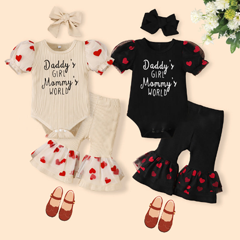 3 Pieces Set Baby Girls Letters Love heart Rompers And Pants And Headwear Wholesale 221010126