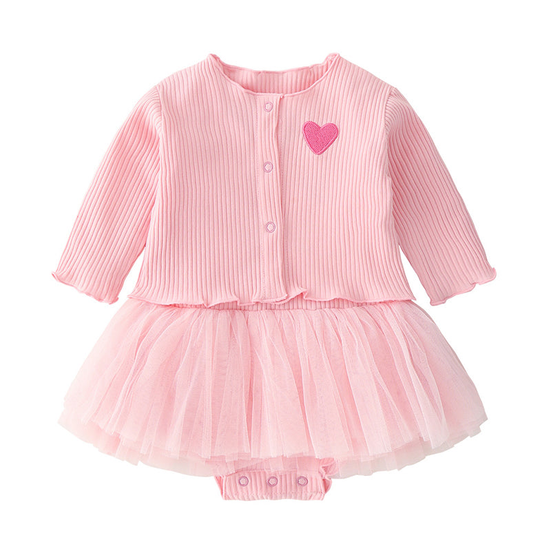 2 Pieces Set Baby Girls Valentine's Day Love heart Muslin&Ribbed Jackets Outwears and Solid Color Lace Dresses Wholesale 374910788