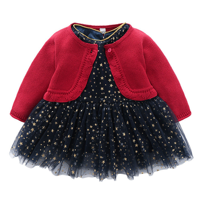 2 Pieces Set Baby Kid Girls Birthday Star Dresses And Solid Color Crochet Cardigan Wholesale 39479683