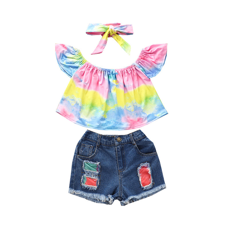 3 PCS Kid Girl Tie Dye Off Shoulder Top & Patchwork Denim Shorts & Headband Set Wholesale 69812251