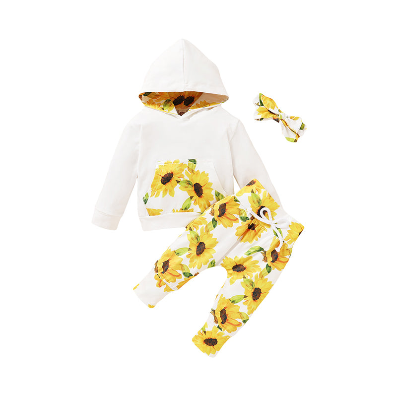 3 Pieces Set Baby Girls Flower Print Hoodies Pants And Bow Headwear Wholesale 19246167
