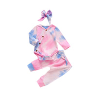 Load image into Gallery viewer, 3 Pieces Set Baby Girls Tie Dye Bow Headwear Rompers And Pants Wholesale 76697139

