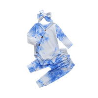 Load image into Gallery viewer, 3 Pieces Set Baby Girls Tie Dye Bow Headwear Rompers And Pants Wholesale 76697139
