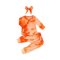 Load image into Gallery viewer, 3 Pieces Set Baby Girls Tie Dye Bow Headwear Rompers And Pants Wholesale 76697139
