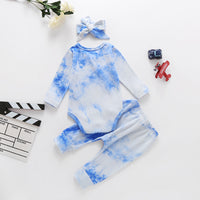 Load image into Gallery viewer, 3 Pieces Set Baby Girls Tie Dye Bow Headwear Rompers And Pants Wholesale 76697139
