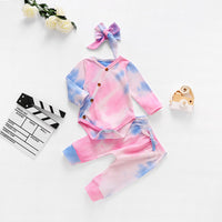 Load image into Gallery viewer, 3 Pieces Set Baby Girls Tie Dye Bow Headwear Rompers And Pants Wholesale 76697139
