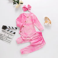 Load image into Gallery viewer, 3 Pieces Set Baby Girls Tie Dye Bow Headwear Rompers And Pants Wholesale 76697139
