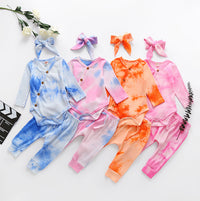 Load image into Gallery viewer, 3 Pieces Set Baby Girls Tie Dye Bow Headwear Rompers And Pants Wholesale 76697139
