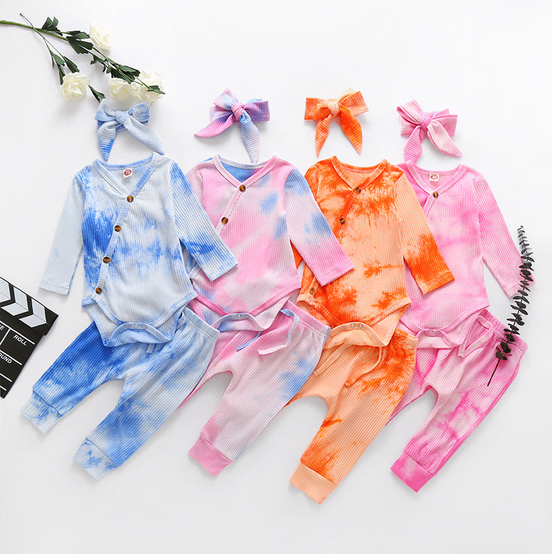 3 Pieces Set Baby Girls Tie Dye Bow Headwear Rompers And Pants Wholesale 76697139