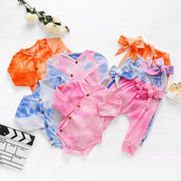 Load image into Gallery viewer, 3 Pieces Set Baby Girls Tie Dye Bow Headwear Rompers And Pants Wholesale 76697139
