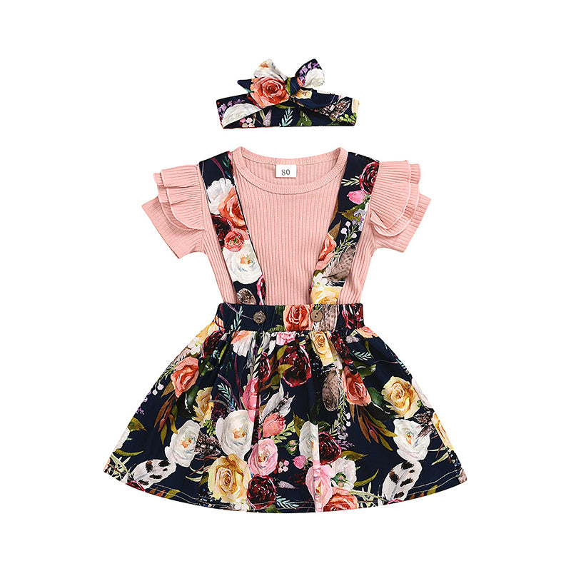 3 Piece Toddler Girl Floral Set Ribbed Tee & Floral Suspender Skirt & Headband Wholesale 37515662
